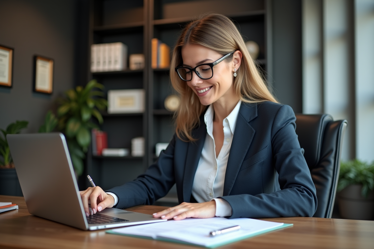 Femme d'affaires en bureau moderne lisant des documents