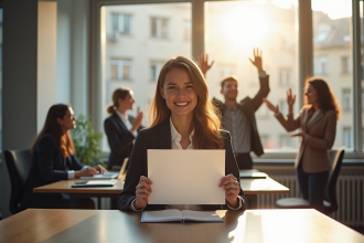 Femme professionnelle fière avec certificat dans un bureau moderne