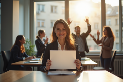 Femme professionnelle fière avec certificat dans un bureau moderne
