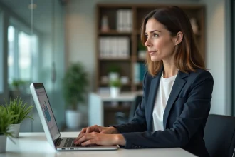 Femme professionnelle utilisant l'ESG Extranet sur un ordinateur