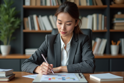 Femme professionnelle en réunion avec un tableau de guidance