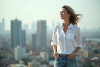 Femme regardant l'horizon depuis un rooftop urbain