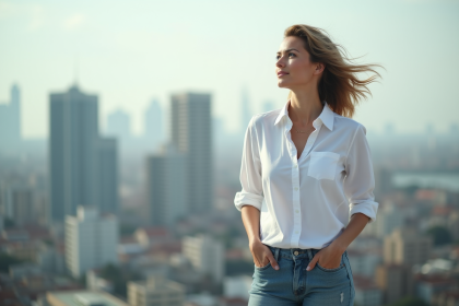 Femme regardant l'horizon depuis un rooftop urbain