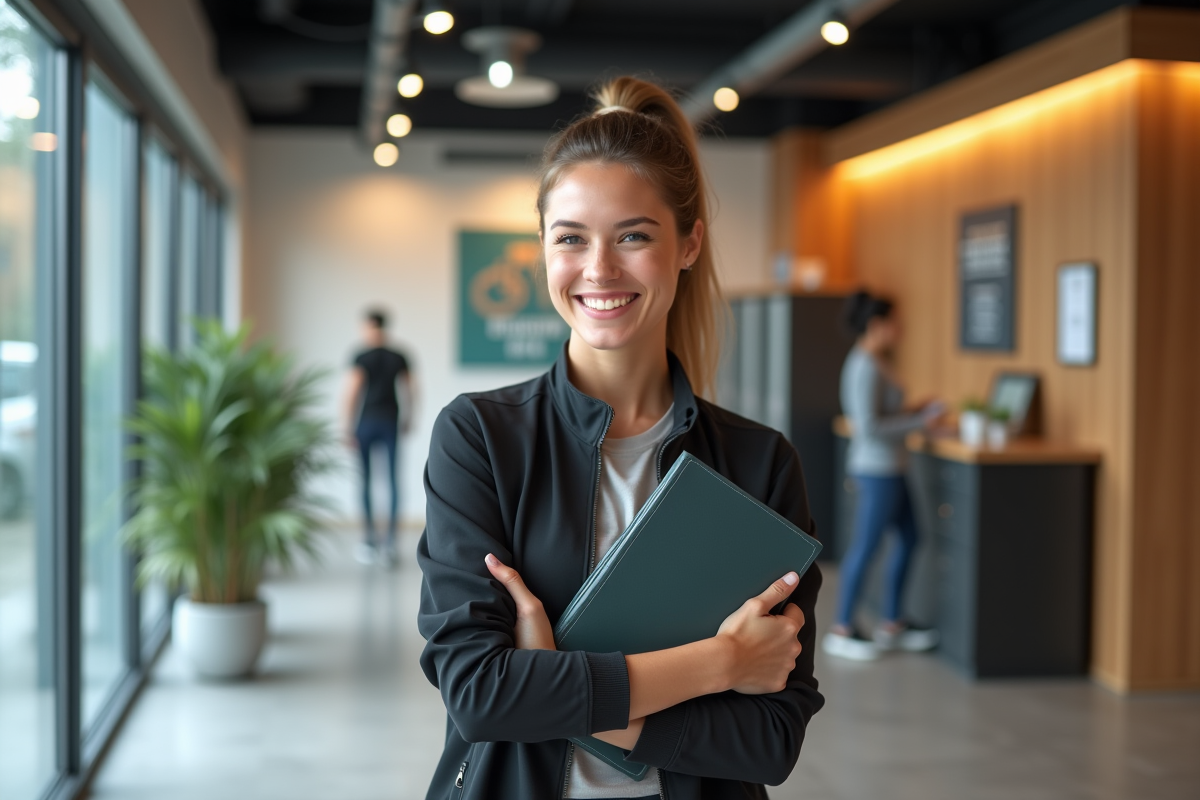 Femme souriante avec diplôme dans une salle de sport moderne