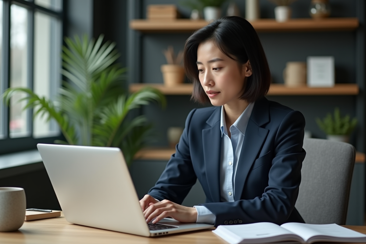 Femme en costume professionnel analysant un rapport ESG