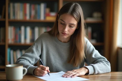 Jeune femme concentrée remplissant un questionnaire de test de QI imprimé à son bureau à domicile