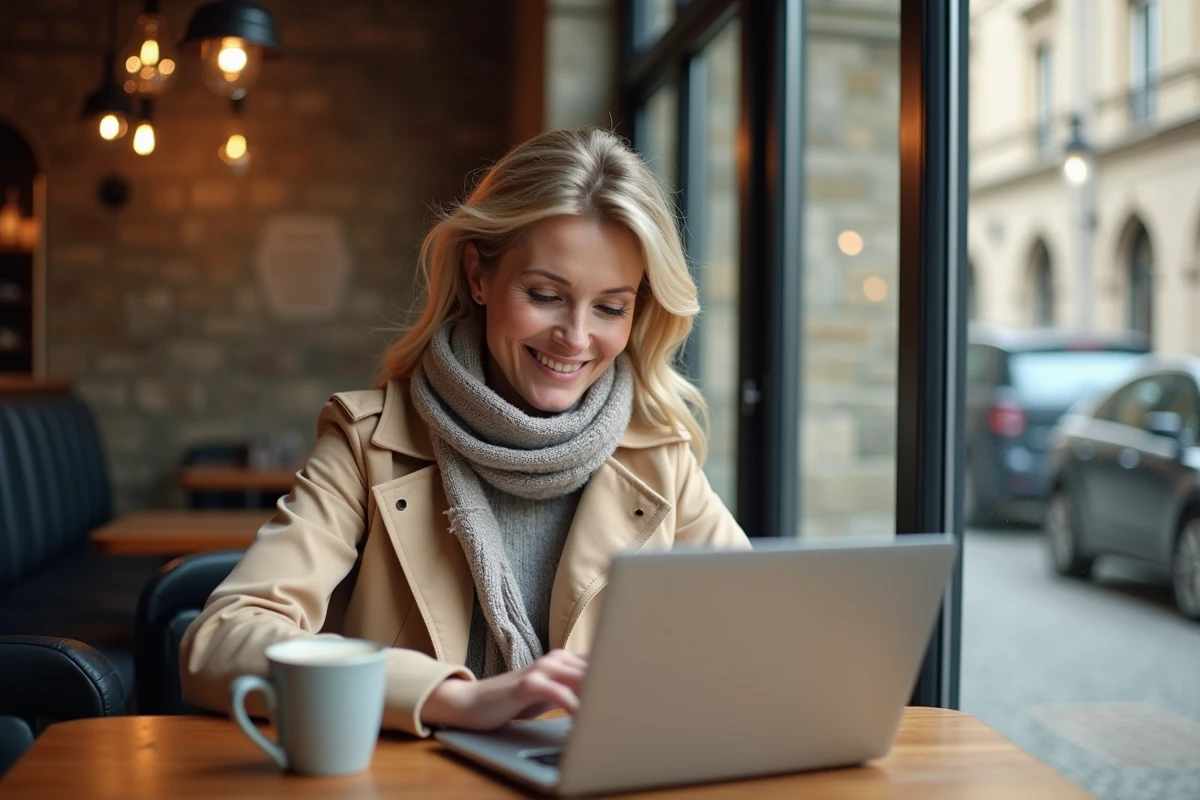 Femme travaillant sur son ordinateur dans un cafe à Amiens