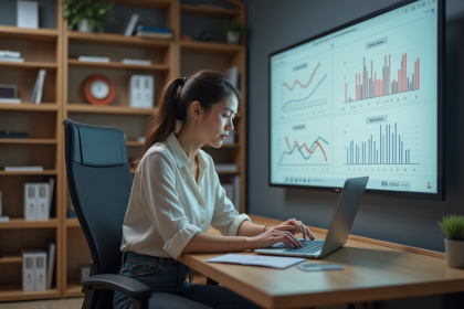 Jeune femme concentrée travaillant sur un ordinateur en bureau moderne