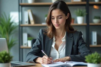 Femme professionnelle prenant des notes lors d'une formation en ligne