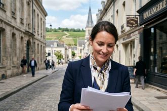 Femme d'affaires à Épernay avec vignobles en arrière-plan