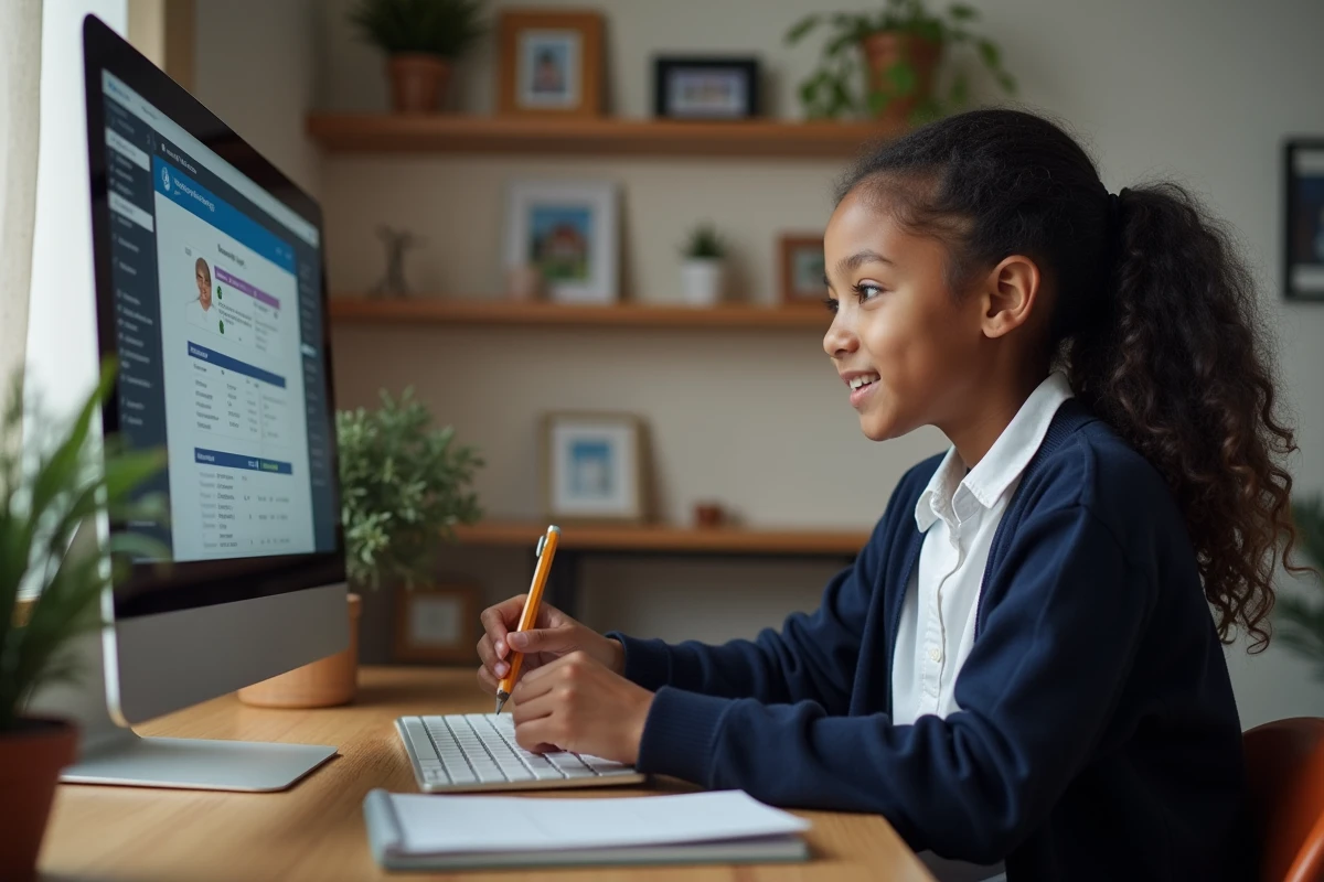 Fille de collège utilisant ordinateur à la maison