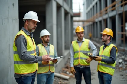 Formateur BTP en gilet haute visibilité expliquant des techniques de construction à des stagiaires sur un chantier urbain, formation professionnelle CPF
