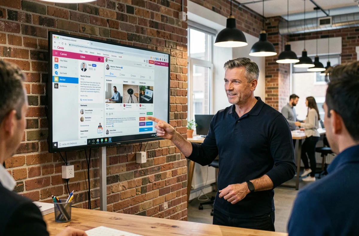 Formateur expliquant une création visuelle Canva sur grand écran dans un espace de coworking
