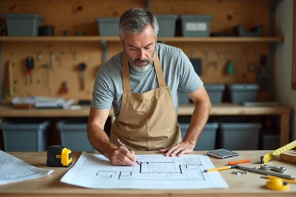 Artisan bricoleur étudiant un plan de rénovation dans un atelier de travaux pratiques