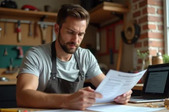 Homme en tablier de bricolage étudiant un livret de certification formation maformationbrico.fr dans un atelier organisé