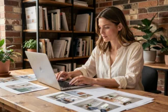 Femme consultant des planches de tendances déco lors d'une formation en design d'intérieur à domicile