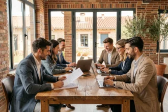 Jeunes étudiants en alternance collaborant autour d'une table dans un espace moderne en Occitanie