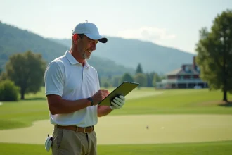 Golfeur souriant vérifiant un tableau sur tablette au golf