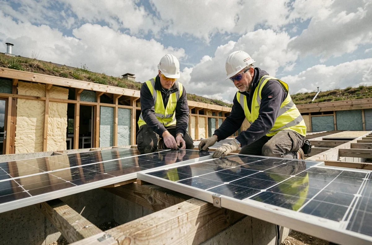 Deux stagiaires installant des panneaux solaires sur une structure d'entraînement à la Green Build Academy de Saint-Grégoire