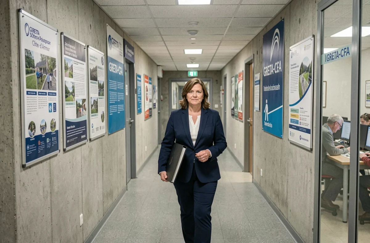 Apprenante adulte dans le couloir du GRETA-CFA des Côtes-d'Armor avec affichage institutionnel en bleu et blanc