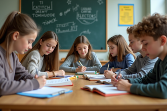 Groupe d'élèves de collège en classe lumineuse