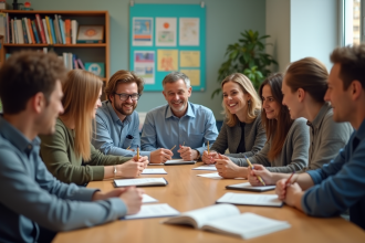 Groupe d'enseignants et étudiants en activité collaborative en classe