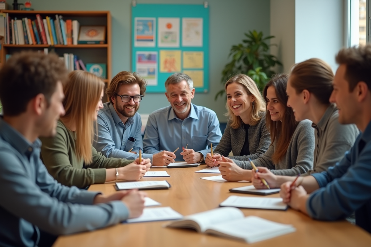 Groupe d'enseignants et étudiants en activité collaborative en classe