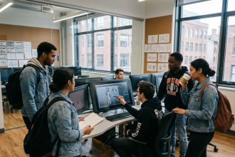 Groupe d'étudiants en design 3D dans une salle moderne
