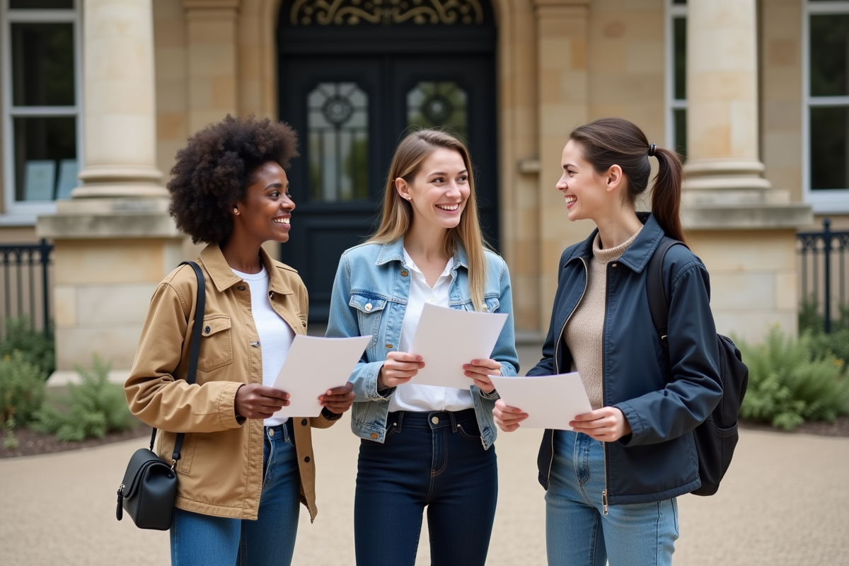 Trois étudiants français montrant leurs diplômes devant une école