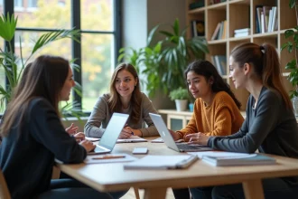 Groupe d'étudiants en brainstorming dans un lounge lumineux