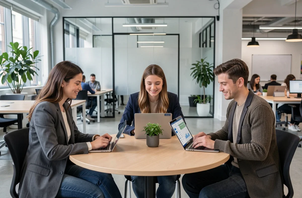 Groupe d'étudiants PSB travaillant ensemble sur des modules digitaux dans un espace de coworking universitaire contemporain