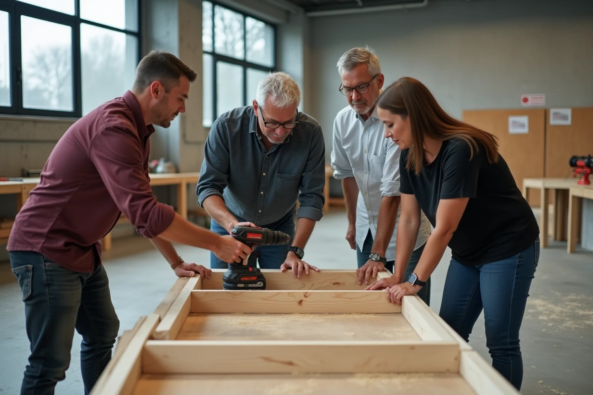 Groupe d'adultes en formation bricolage CPF éligible dans un atelier pédagogique professionnel