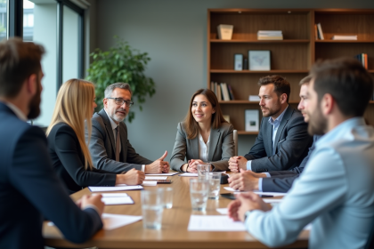 Groupe de professionnels en formation dans une salle moderne