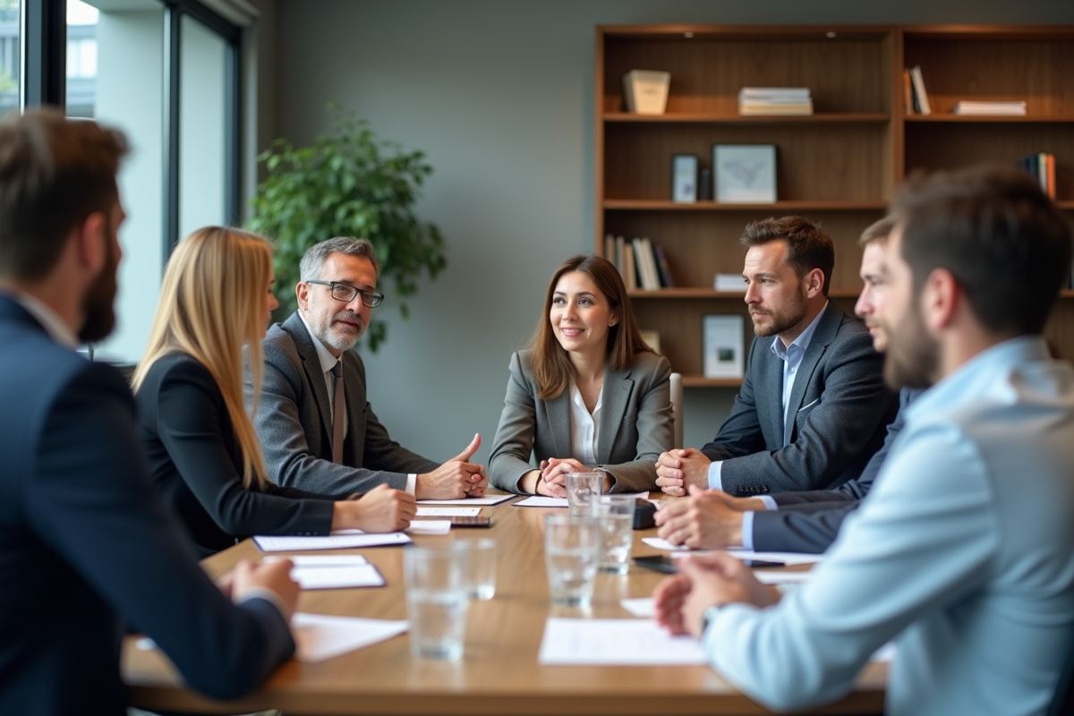 Groupe de professionnels en formation dans une salle moderne