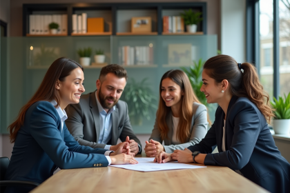 Groupe de quatre adultes en réunion de travail dans un bureau moderne