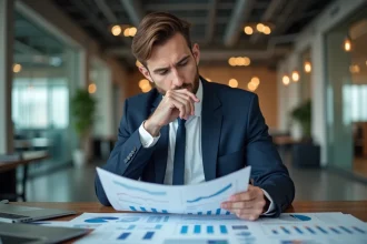 Homme d'affaires en réunion analysant des documents financiers