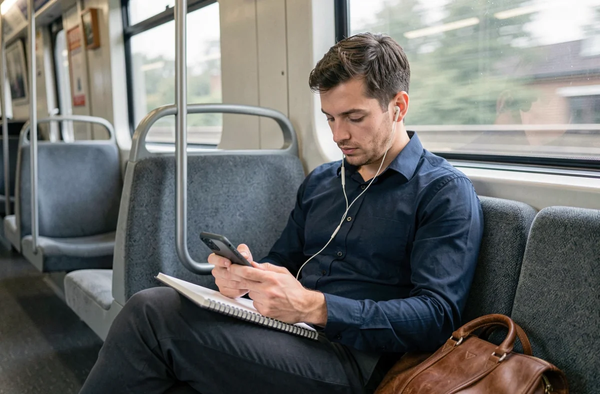 Homme apprenant en autodidacte dans le train pendant son trajet domicile-travail, smartphone et carnet de notes en main