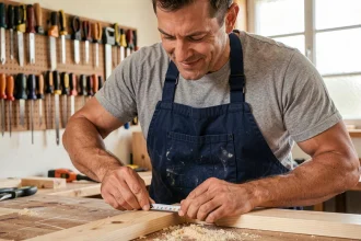 Homme adulte apprenant à mesurer du bois avec précision dans un atelier de bricolage bien organisé