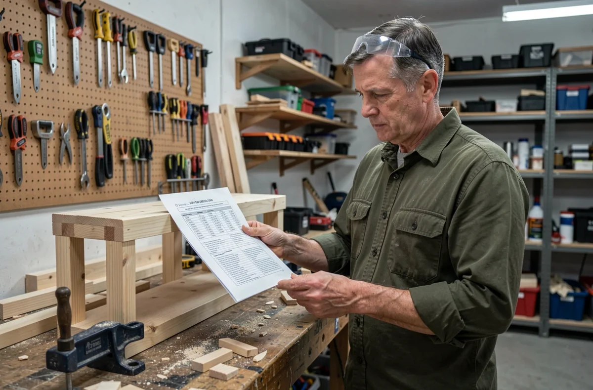 Homme comparant une fiche de cours de bricolage avec un projet de construction en bois dans un atelier de garage