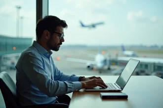 Homme d'affaires travaillant à l'aéroport avec ordinateur portable