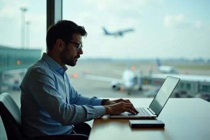 Homme d'affaires travaillant à l'aéroport avec ordinateur portable