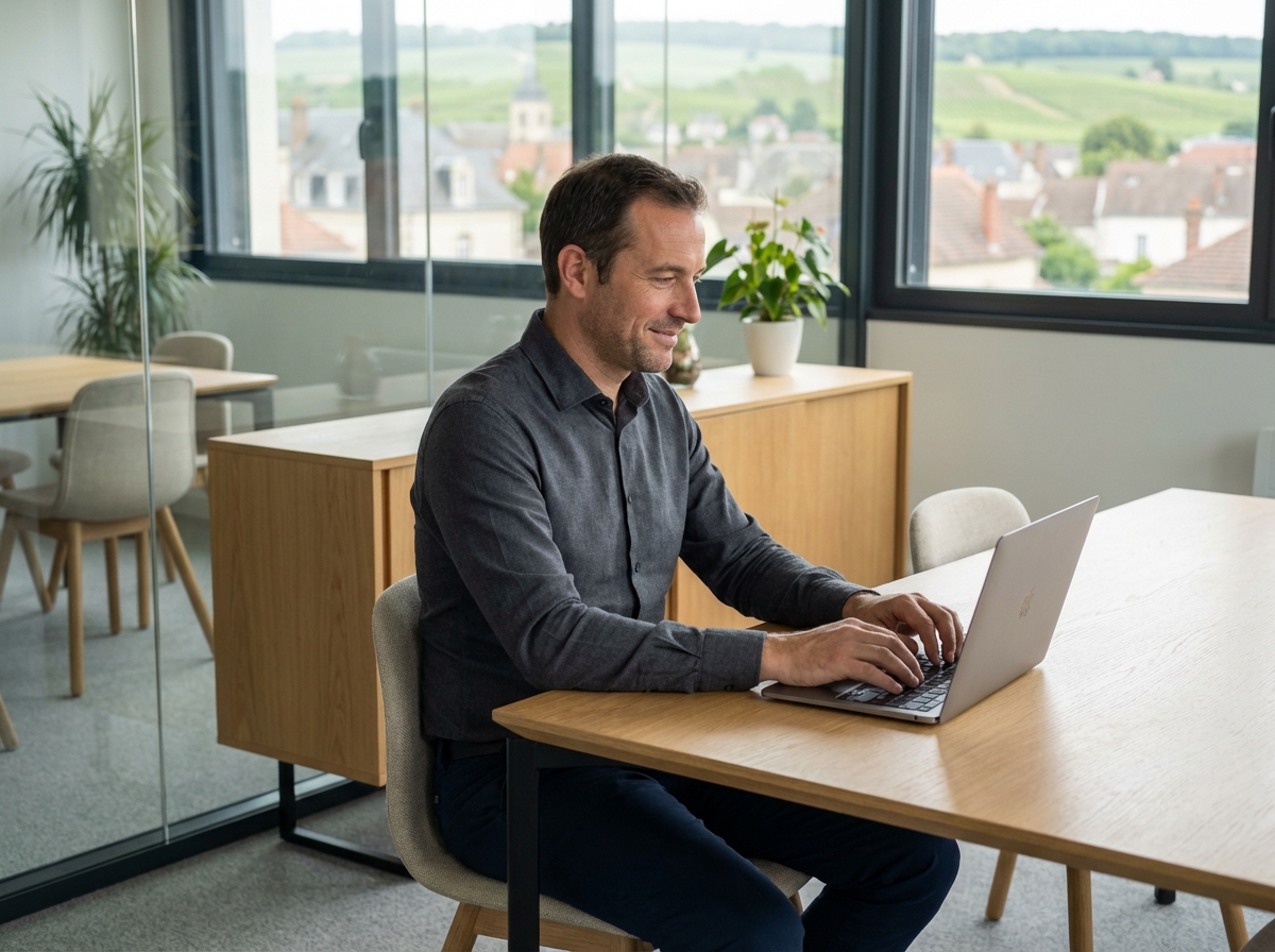Homme au bureau avec vue sur Épernay et vignobles