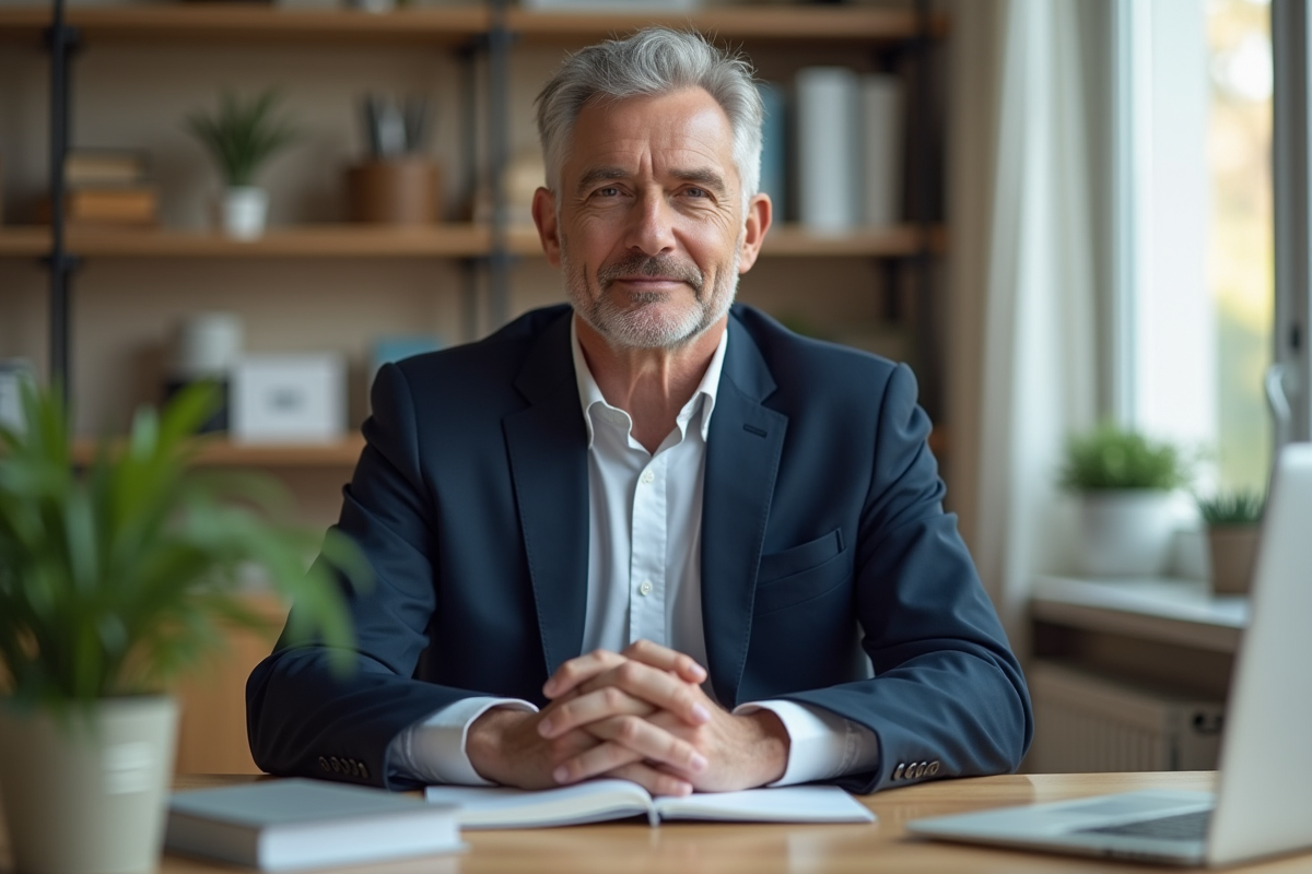 Homme en costume dans un bureau lumineux et calme