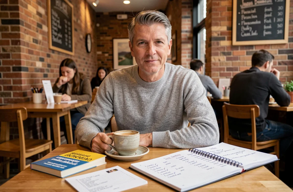 Homme travaillant la conjugaison du conditionnel présent en espagnol dans un café avec un cahier et un manuel bilingue