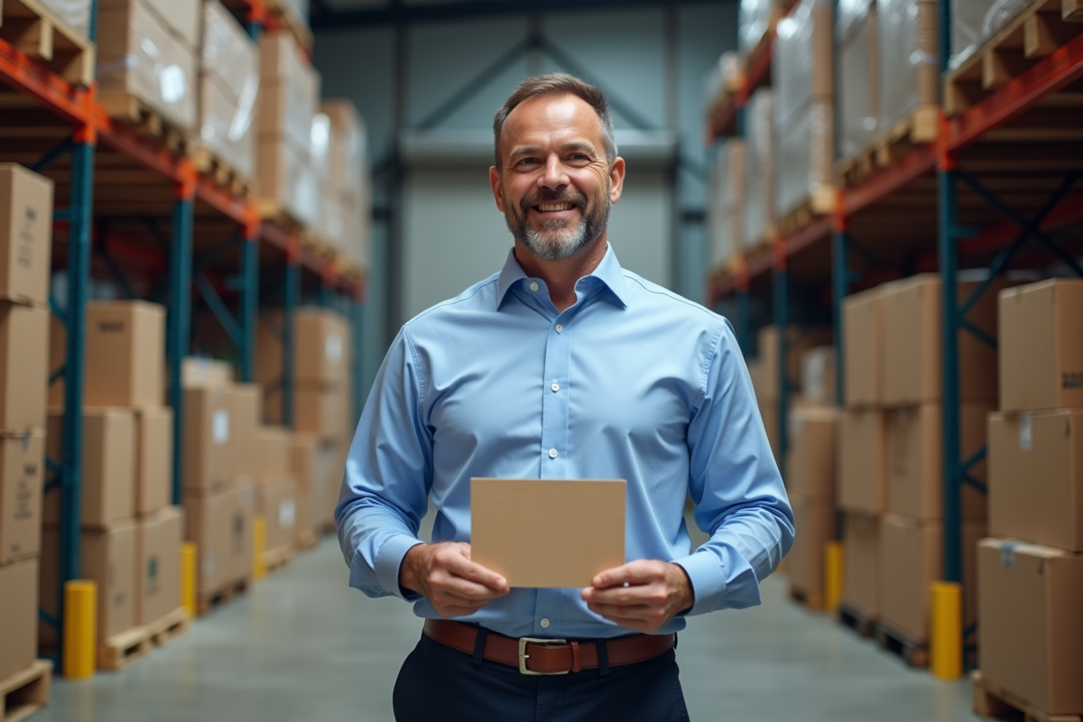 Manager de conformité tenant un certificat dans un entrepôt industriel