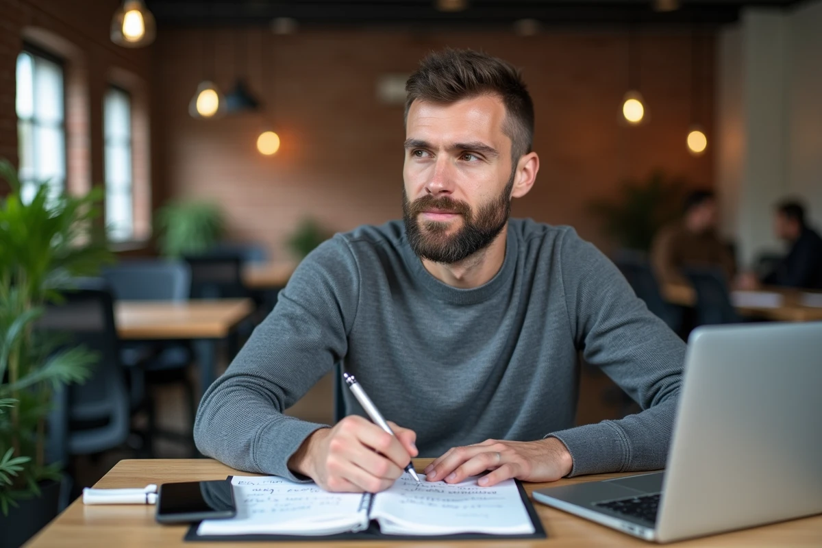 Homme en espace de coworking prenant des notes sur sa stratégie LinkedIn après une formation professionnelle
