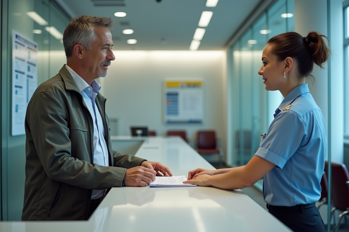 Homme remettant des documents à un agent dans un bureau administratif