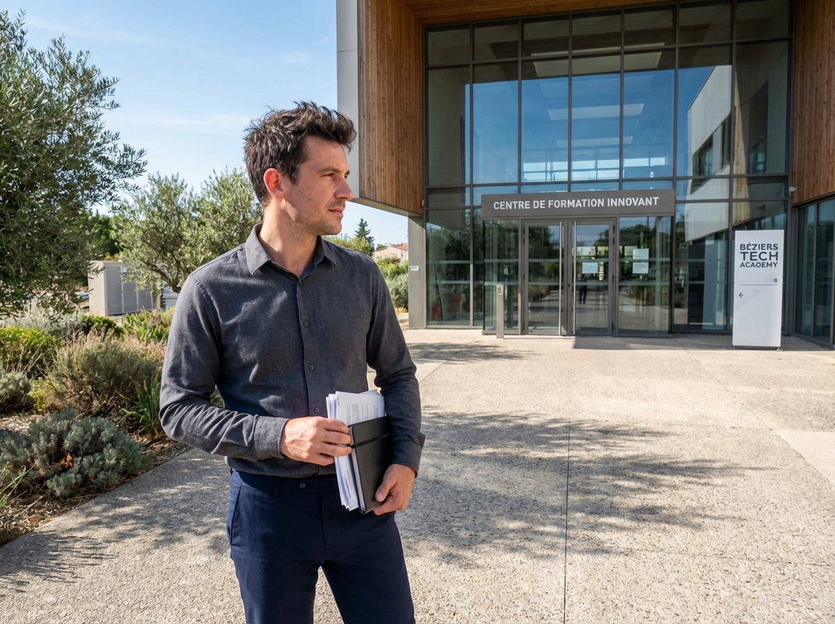 Homme avec CV devant le centre de formation à Béziers