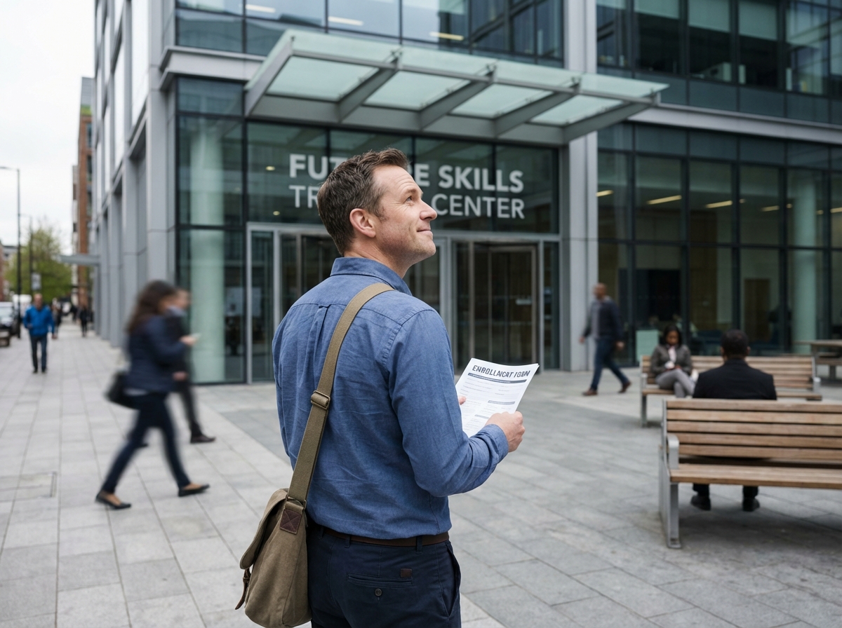 Homme debout devant centre de formation avec formulaire