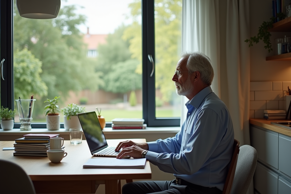 Homme en étude dans une cuisine moderne et lumineuse